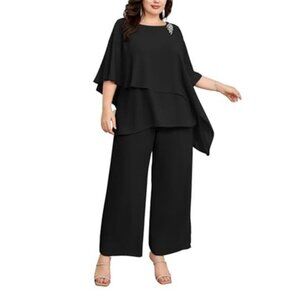 Plus Size Mother of Bride Pant Suits 2 Piece Chiffon Sets Ruffle Layers Wedding